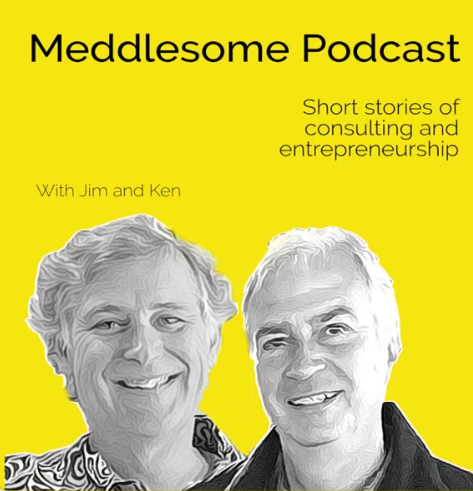 Podcast cover art with a handsome photo of Jim and Ken on a bright yellow background